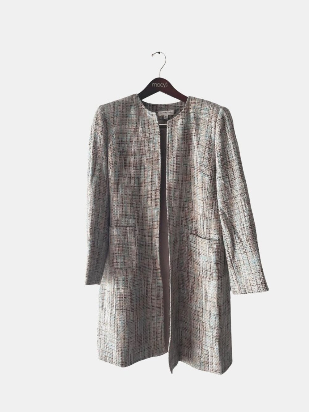 Amanda Smith Womens Tweed Open-Front Long Coat Size 16